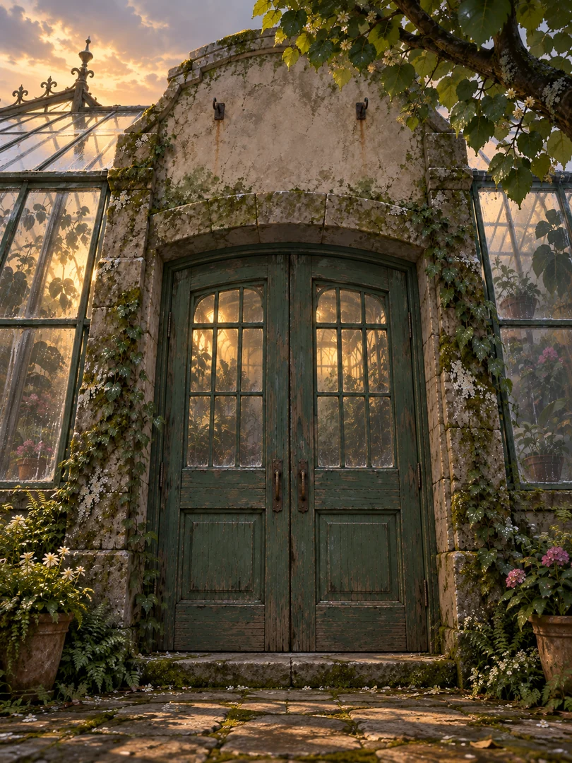 Façade de la serre de Lunaria au soleil couchant