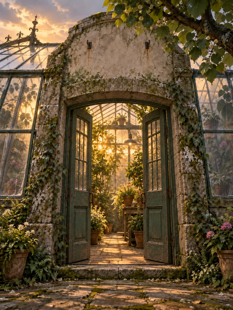 La porte de la serre de Lunaria ouverte sur son intérieur lumineux