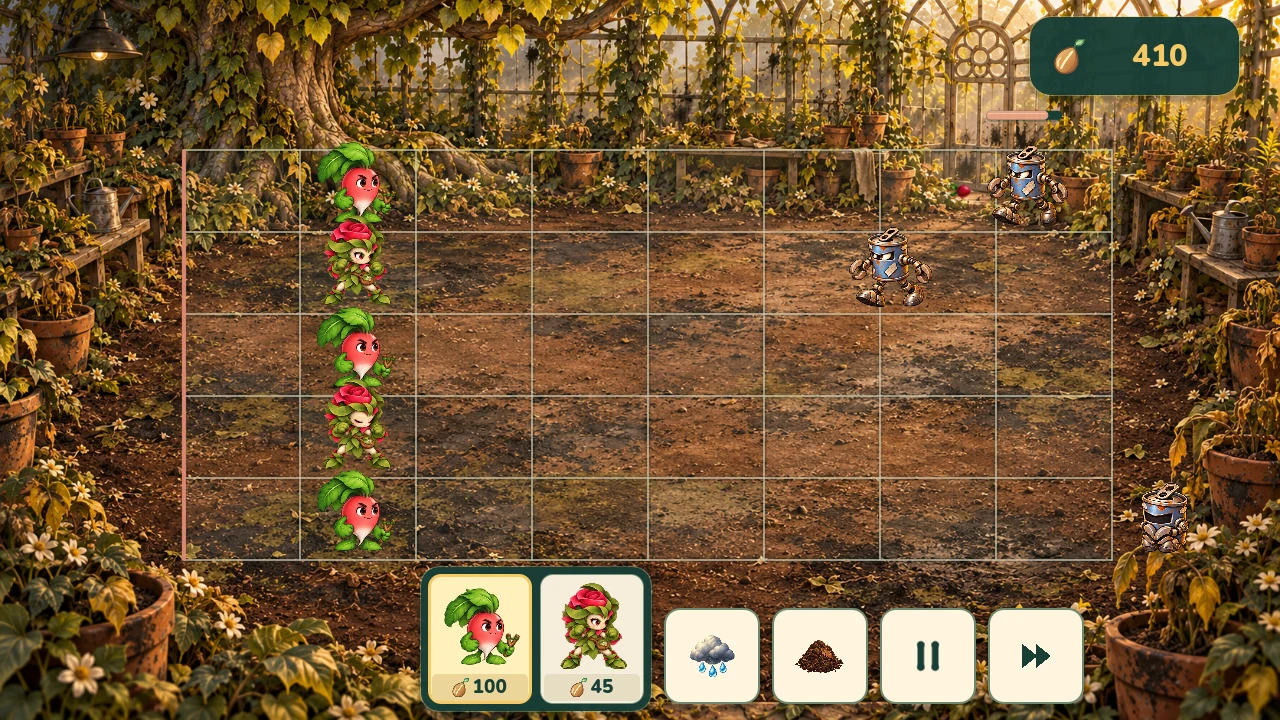 Capture du jeu : des compagnons végétaux défendent les lignes de la serre face aux machines.
