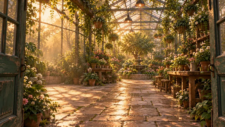 Intérieur de la serre de Lunaria baigné de lumière dorée